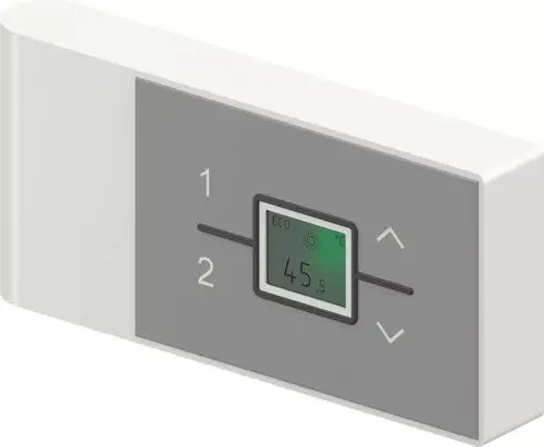Fernbedienung von Uponor mit digitalem Display. Temperaturanzeige und Einstelltasten für die Steuerung. Gestaltung in Weiß und Grau.
